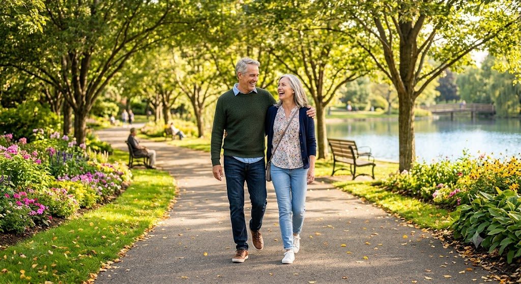 Retired couple walking together in a garden by a lake